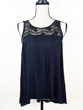EUC Bobeau Pleated Navy Chiffon and Lace Top